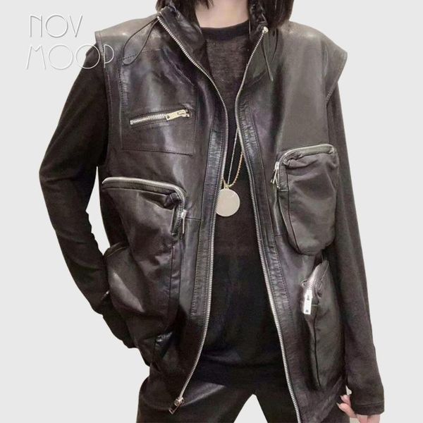 

women's vests novmoop high street big pocket zipper decor winter vest women sleeveless black jacket kamizelka damska colete feminino lt, Black;white