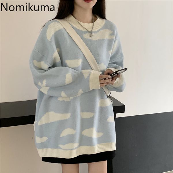 

nomikuma korean cartoon cloud printed pullover sweater long sleeve o-neck women knitted autumn winter pull femme 6c041 210427, White;black
