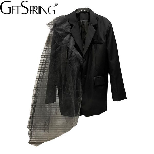 

women's suits & blazers getspring women blazer mesh patchwork asymmetrical black suit coats irregular retro casual for spring/autumn, White;black