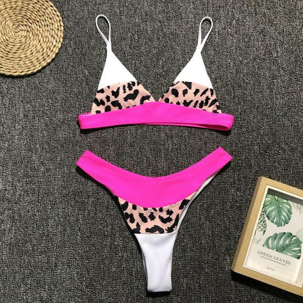 

one-piece suits 2021 summer womens leopard patchwork bikini set push up padded bra ladies beach swimwear swimsuit bathing beachwear