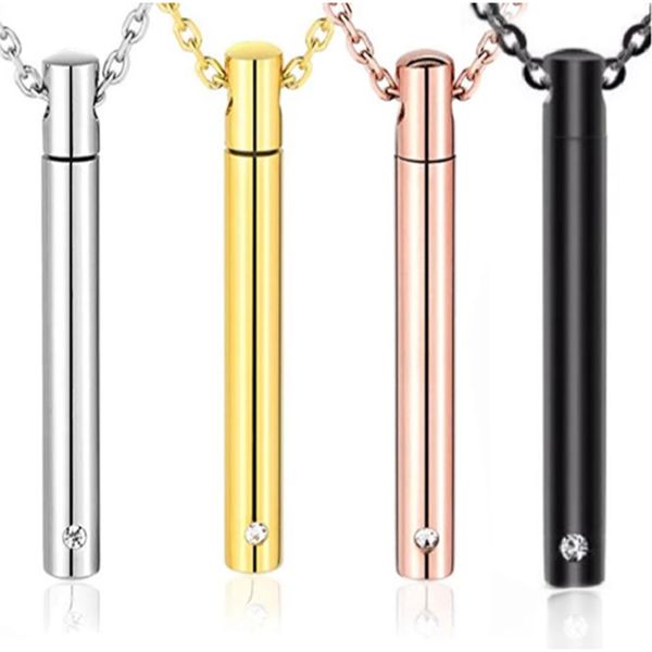 

stainless steel cylinder pendant necklace crystal stone cremation jewelry ashes urn souvenir, Silver
