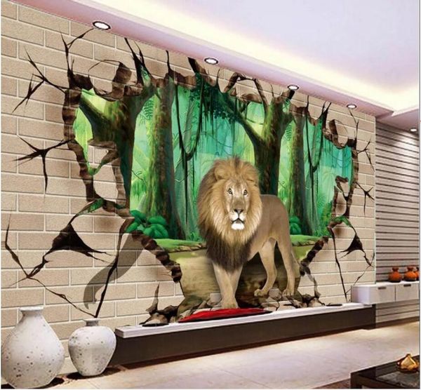 

custom po mural 3d room wall paper forest lion brick tv background home decor murals wallpaper for 3 d wallpapers