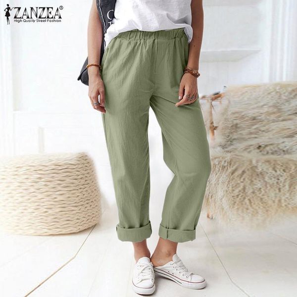 

women's pants & capris 2021 summer zanzea vintage women cotton linen wide leg casual ladies solid elastc waist pockets oversized pantal, Black;white