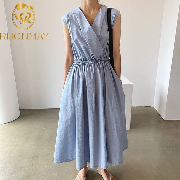 

new dress women summer sleeveless female 2021 v-neck female dresses elastic waist casual a-line chic clothes solid color dressswimwear bath, Black;gray