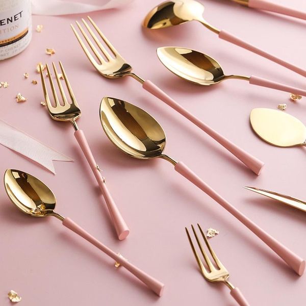 

forks peach powder gold stainless steel steak cutlery western main meal spoon tableware knife fruit fork coffee spoons