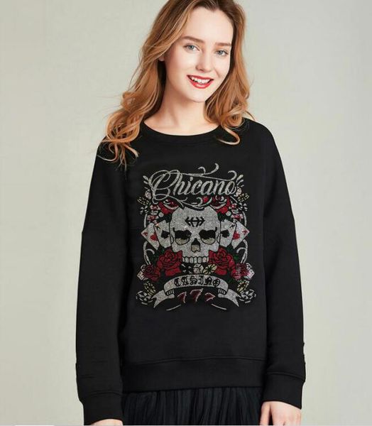 

women's knits & tees flower and legal skull woman diamond quality loose long sleeve sweater drill hoodies, White