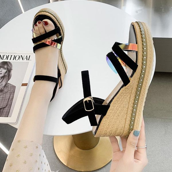

sandals wedges for women contrast color high heels sandalias summer shoes korean style narrow band platform, Black