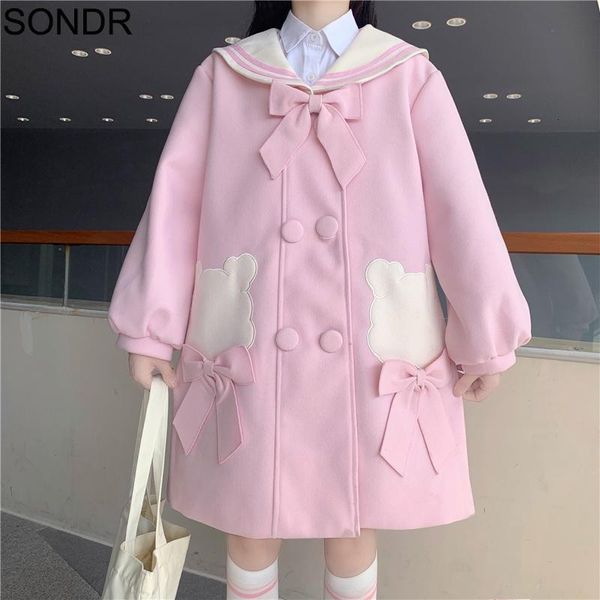 

women's wool & blends kawaii woolen coat women winter navy collar cute bowknot bear embroidery student mid long jacket pink all-match o, Black