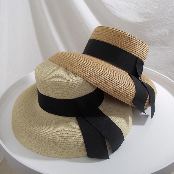 

wide brim hats 2021 summer ribbon womens designer straw hat beach sun lady french retro fashion brand female, Blue;gray