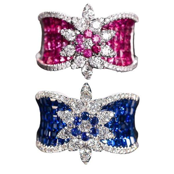 

fine jewelry geometric fashion flower rings inlay blue white cubic zirconia women's charm wedding engagement wear accessories, Slivery;golden