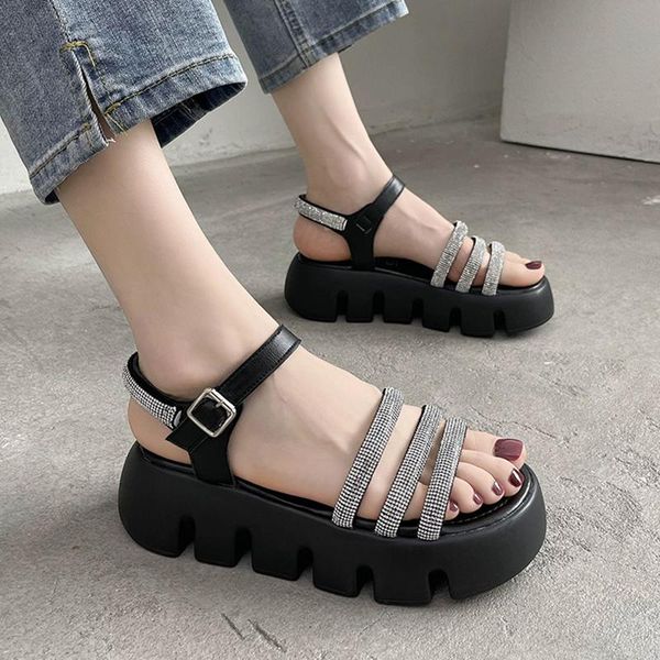 

sandals lucyever rhinestones strap platform women crystal ankle thick bottom female summer casual wedges sandalias, Black