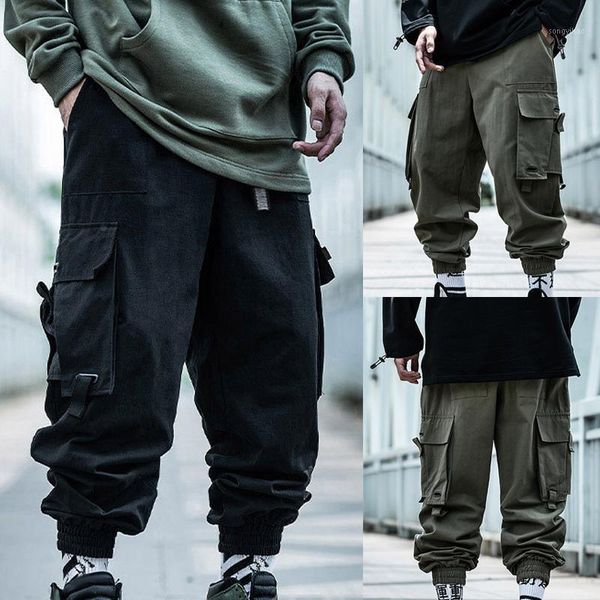 

ribbons harem joggers men cargo pants streetwear 2021 hip hop casual pockets track male harajuku fashion trousers men's, Black