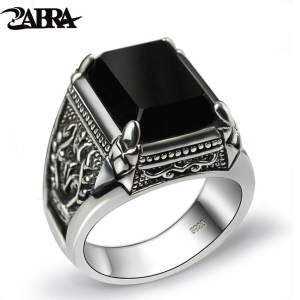 

cluster rings zabra real 925 silver black zircon ring for men female engraved flower fashion sterling thai jewelry synthetic onyx, Golden;silver