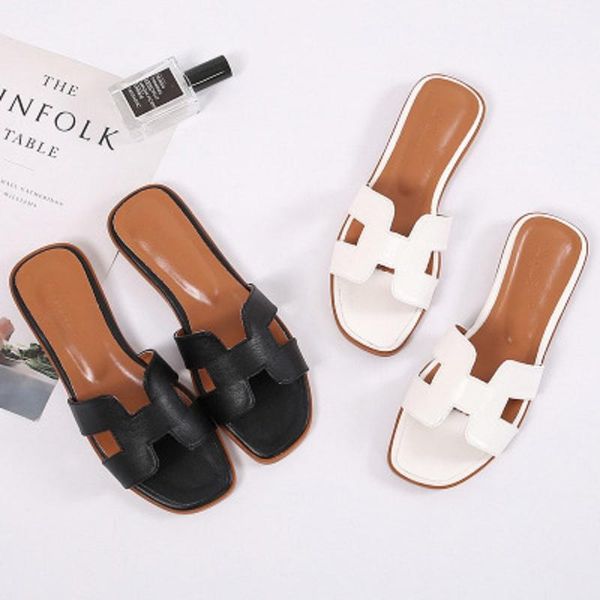 

slippers women's square toe pu leather summer flat sandals plus size 43, Black