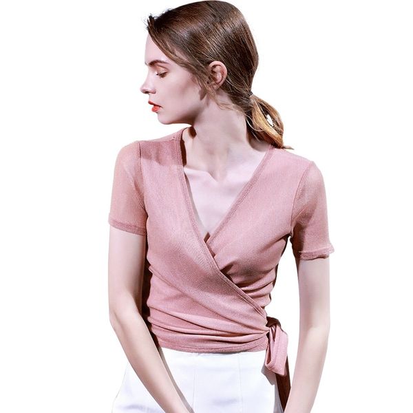 

2019 new spring summer t-shirt women's korean screen bottom shirt v-neck slim short sleeve, White