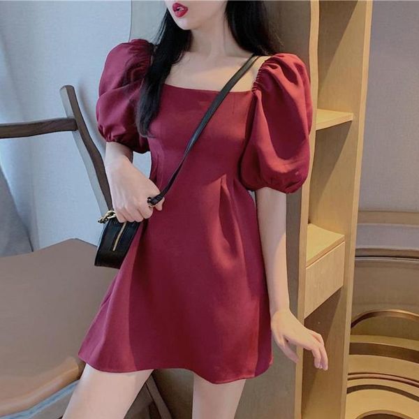 

casual dresses [ewq] square neck puff sleeve wine red dress summer fashion temperament black short robe women 16w751, Black;gray