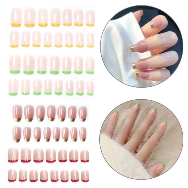 

24pcs french style detachable false nails fashion elegant nail tips wearable full cover fake manicure tool with press glue, Red;gold