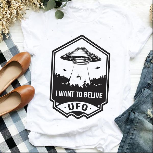 

cartoon ufo fashion style womens summer autumn 90s print tee clothes graphic, White