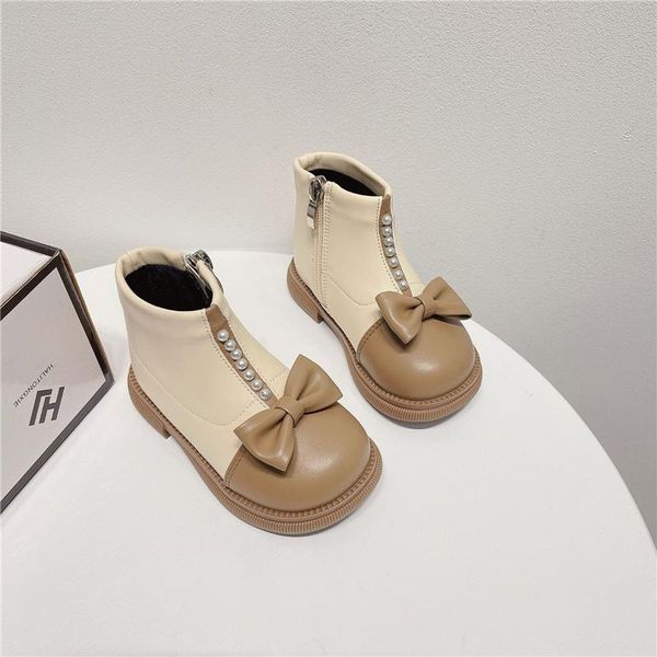 

flat shoes toddler girls pu leather non-slip ankle boots baby with butterfly-knot casual fashion kids winter warm, Black;grey