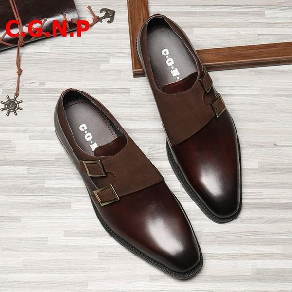 

dress shoes c.g.n.p goodyear luxury genuine leather men loafers double monk strap breathable formal weedding, Black