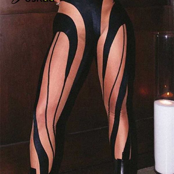 

joskaa patchwork high waist stripe printed skinny stretch y2k leggings women fashion streetwear summer fitness outfits 211218, Black