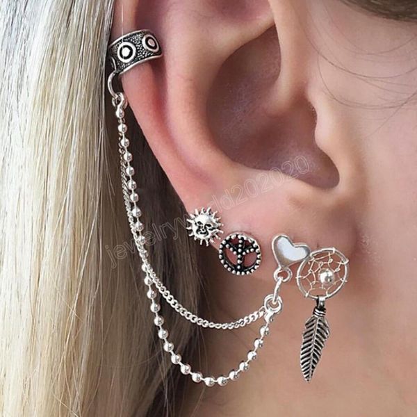 

vintage lady earrings 4pcs/set retro bohemia ear cuff sun fashion chain leaf ear stud eardrop jewelry gift, Silver