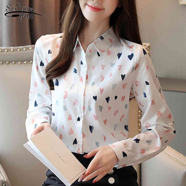 

long sleeve printing blouse women shirt ol plus size cardigan chiffon white camisas mujer 6820 50 210508