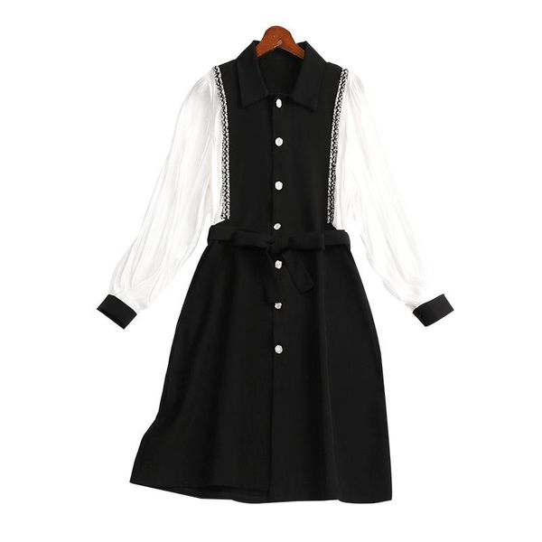 

french retro patchwork dresses sping and autumn vintage white black women's clothing dress plus size long sleeve bow waist 5xl casual, Black;gray