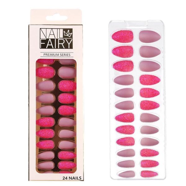 

false nails 24pcs glitter almond pointed tips contrast color fake matte full cover nail with glue manicure tool, Red;gold