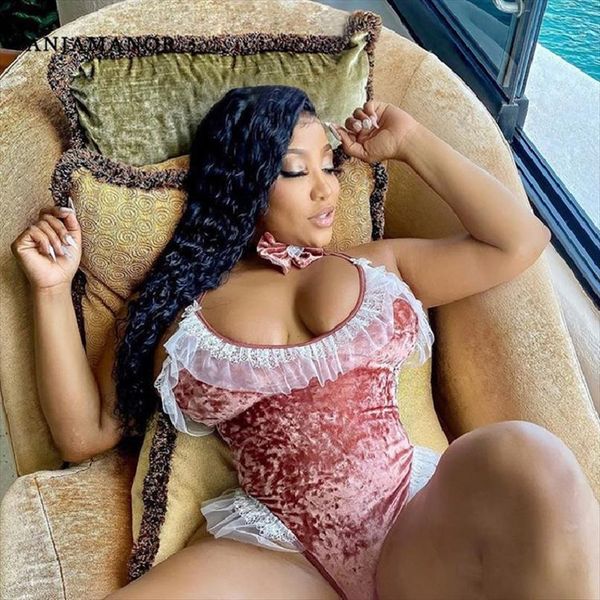 

lace trim velvet womens jumpsuit pink bodysuit with necklace bodycon thong bodysuits women festival club wear d43 cf21, Black;white