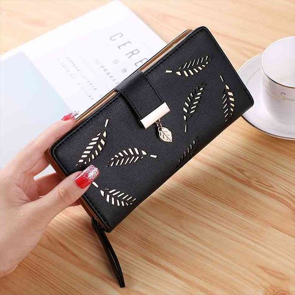 

korean women long wallet fashion clutch bag hollow leaf zipper buckle wallets card holder nice small purse bags, Red;black