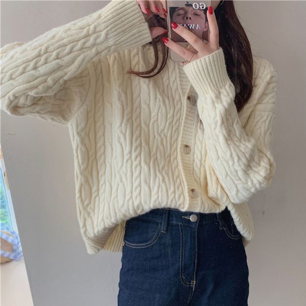 

knits korean vintage women chic knitted casual solid autumn cardigans loose feminine single breasted sweaters pull 3rgn, White