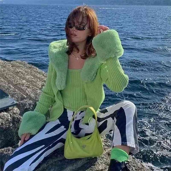 

foridol fluffy knitted cropped cardigans women v neck single breasted green vintage detachable fur slim ribbed cardigans 210415, White;black