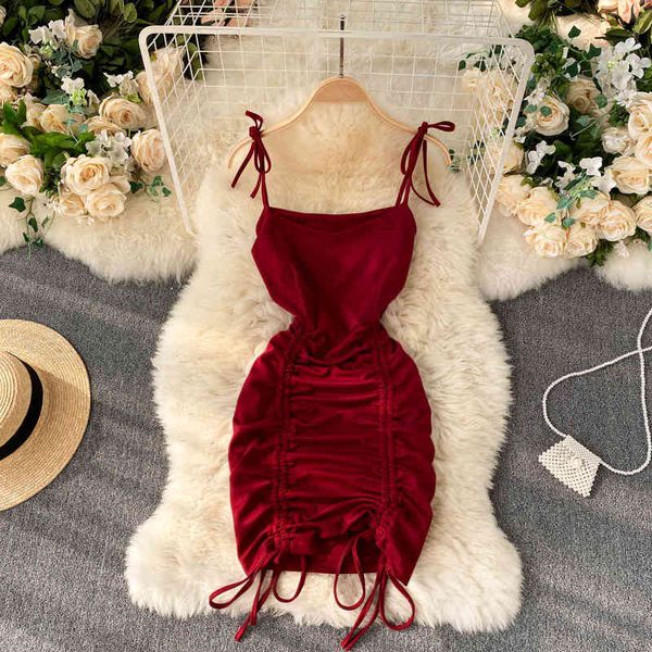 

casual dresses bow tied spaghetti strap bodycon mini dress women summer sleeveless drawstring ruched streetwear club party ve, Black;gray