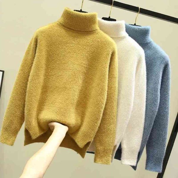 

women's sweaters elegante solto outono gola alta pullovers feminino coreano manga longa vison lÃ£ camisola moda lado split malhas r3rd, White;black