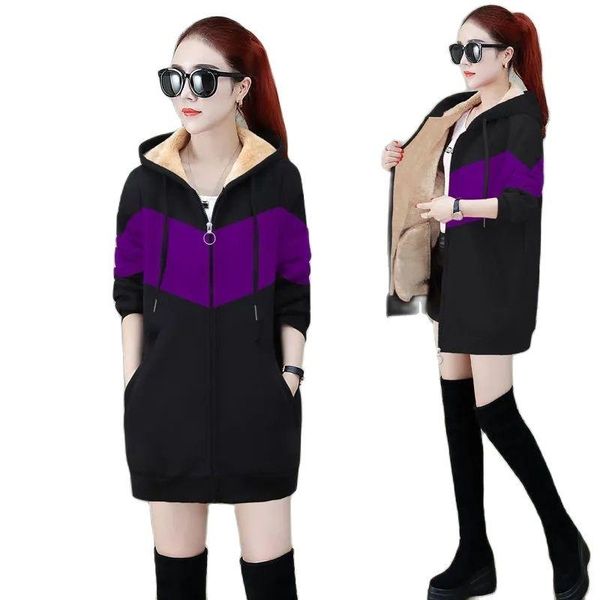 

women's wool & blends plus velvet thicken middle length payment sweate 2021 autumn winter loose large size hooded cardigan ladies coat, Black