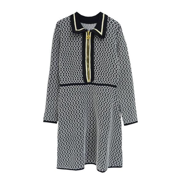 

french elegant light luxury hepburn style thousand bird lattice long sleeve knitted dress with bottom skirt casual dresses, Black;gray