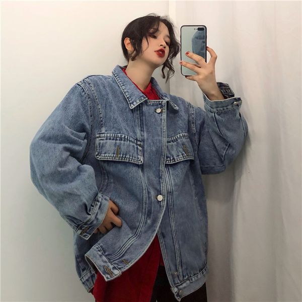 

women's jackets harajuku spring autumn denim jacket women vintage fashion ladies mid-length solid jeans coat loose female clothes, Black;brown