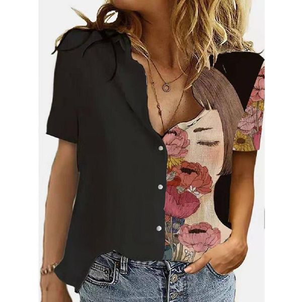

women's blouses & shirts vintage portrait print short sleeve women patchworked office work shirt plus size lady 2021 blouse, White