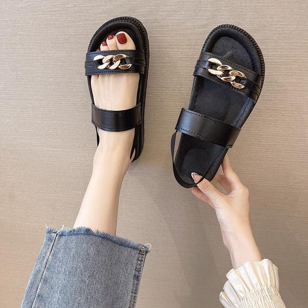 

sandals 2021 women flat summer chain beach shoes fashion female peep toe thick bottom comfortable casual, Black