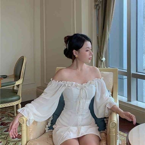 

french off the shoulder white elegant 2021 autumn bandage retro party mini lady designer dress women clothing, Black;gray