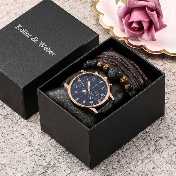 

wristwatches keller & weber 2021 men's quartz watch set simple retro black bracelet exquisite with gift box, Slivery;brown