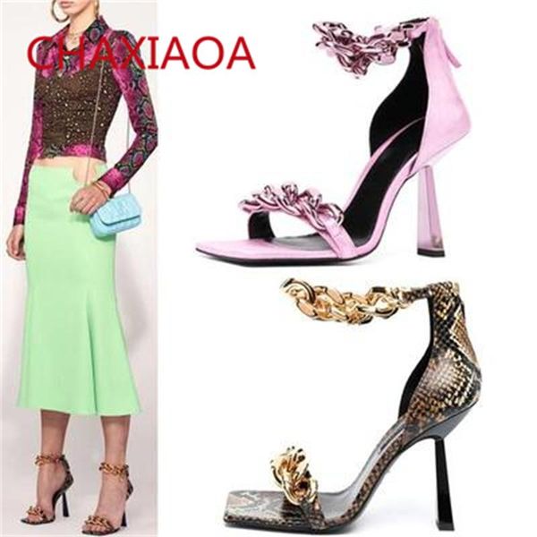 

dress shoes chaxiaoa 2021 runway female fashion sandals back zipper gold chain designer for women summer open toe high heels footwear, Black
