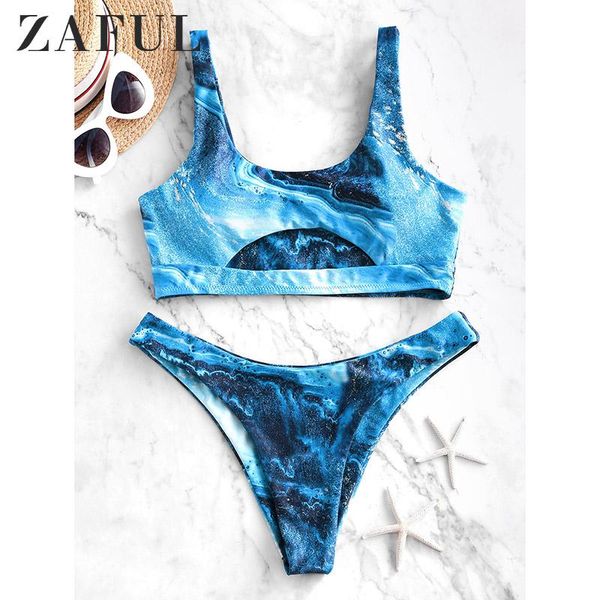 

cutout ocean print high cut bikini swimsuit women's swimwear, White;black