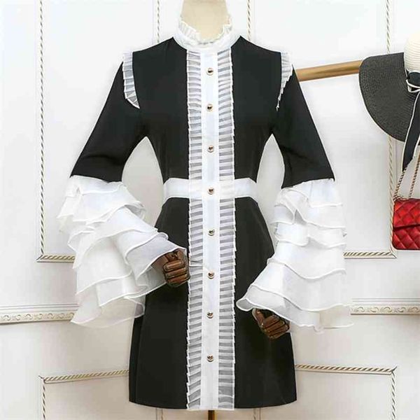 

spring autumn luxury runway hit color ruffles mini dress women flare sleeve party vintage robe femme 210514, Black;gray