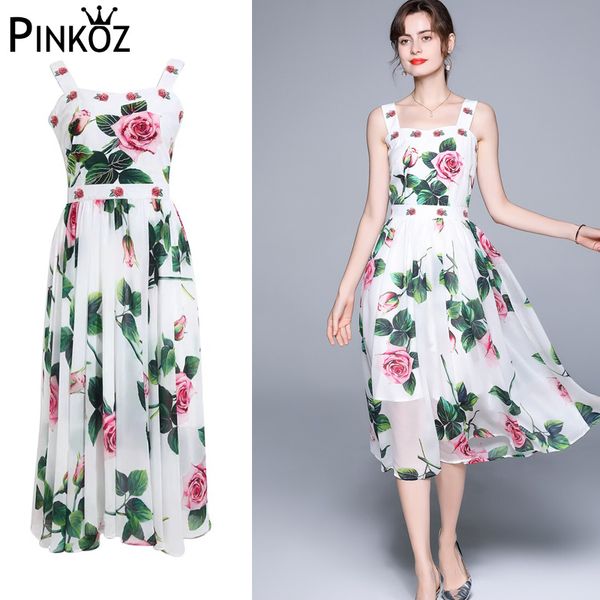 Rose Flor Spaghetti Strap Summer Férias Moda Chique Francês Midi Chiffon Vestidos para Mulheres Robe Feminino Boho Za 210421