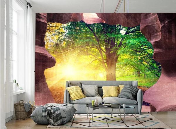 

wallpapers cave stone wall woods forest 3d three dimensional large background modern wallpaper for living room