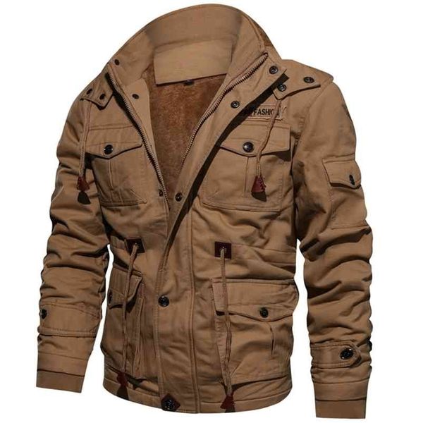 

winter parkas mens casual thick warm bomber jacket mens outwear fleece hooded multi-pocket tactical military jackets overcoat 210913, Black
