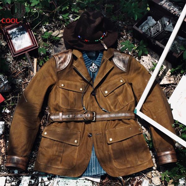 

men's leather & faux cdsafari read description asian size genuine cow waterproof 16oz canvas coat wax aged looking safari jacket, Black