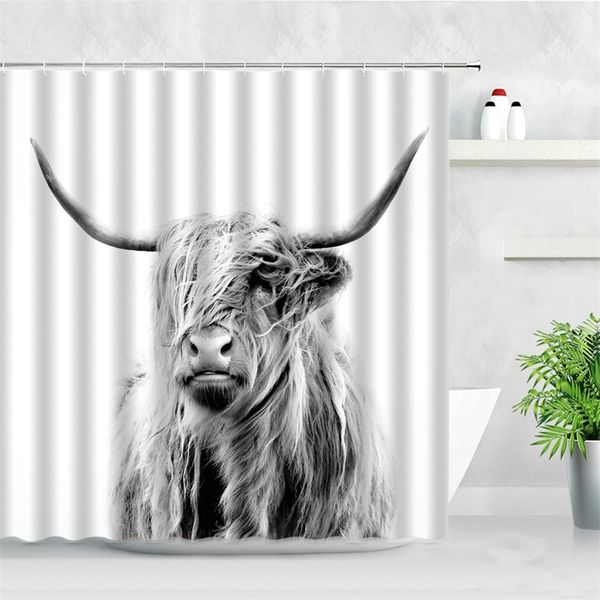 Wasserdichter Stoff Duschvorhänge Schwarz Weiß Highland Cow Muster 3D-Druck Nordic Einfache Wohnkultur Haken Badezimmer Vorhang Sets 211116